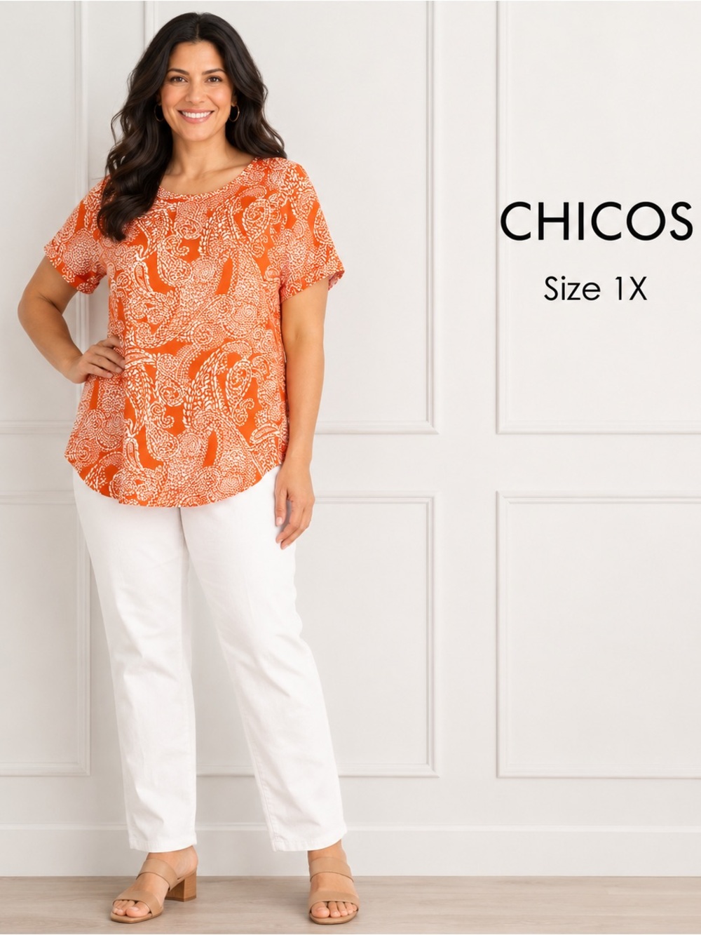 CHICO’S women short sleeve Orange Patterned Women's Top/size 1X